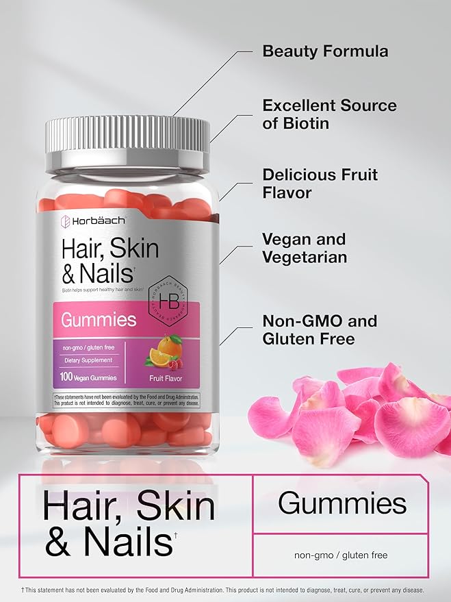 Horbäach Hair Skin and Nails Gummies | 100 Count | Supplement with Biotin for Men and Women | Fruit Flavored Vitamins | Vegan, Non-GMO, and Gluten Free