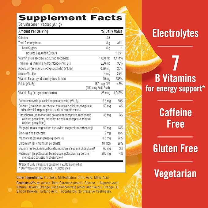 Emergen-C 1000mg Vitamin C Powder for Daily Immune Support Caffeine Free Vitamin C Supplements with Zinc and Manganese, B Vitamins and Electrolytes, Super Orange Flavor - 30 Count