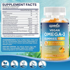 Vegan Omega 3 Gummies 1000MG Algal Oil Omega 3 Supplement for Adults with Algae DHA 600mg & EPA 300mg Fish Oil Alternative - for Eye & Immune Health, No Fish Taste, Orange Flavor, 60 Count