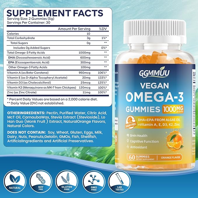 Vegan Omega 3 Gummies 1000MG Algal Oil Omega 3 Supplement for Adults with Algae DHA 600mg & EPA 300mg Fish Oil Alternative - for Eye & Immune Health, No Fish Taste, Orange Flavor, 60 Count