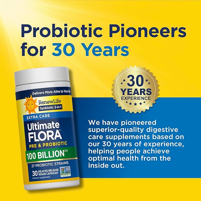 Renew Life Ultimate Care Probiotic Capsules, Daily Supplement Supports Respiratory, Digestive and Immune Health, L. Rhamnosus GG, Dairy, Soy and gluten-free, 100 Billion CFU, 30 Count