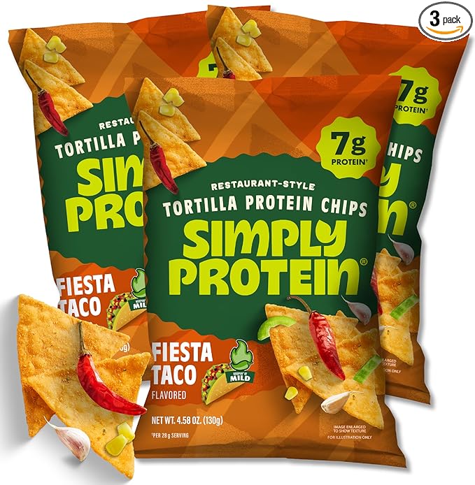 Simply Protein - Zesty Tortilla Chips, Restaurant Style Protein Chips, Fiesta Taco (3-Pack) -7g Protein, 140 Calories, Gluten Free, Vegan -Crispy Plant Based Pea Protein Snacks -3 Bags, 4.58oz (130g)