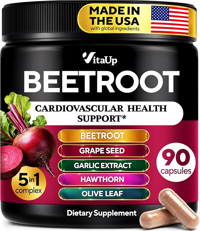 VitaUp Beet Root Capsules - USA Made Beetroot Supplement for Normal Circulation, Nitric Oxide & Heart Support - 5-in-1 Beets with Grape Seed, Garlic Extract, Hawthorn Berry, Olive Leaf - 90 Vegan Caps
