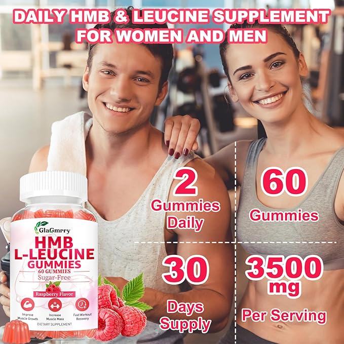 HMB and Leucine Gummies, HMB & Leucine Amino Acid for Muscle Growth, Muscle Relief, HMB Supplements for Men & Women, Vegan, Non-GMO, Raspberry Flavor, 60 Count