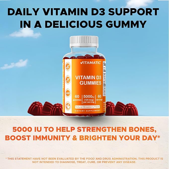 Vitamatic Vitamin D3 Gummies – 5000 IU Per Gummy | 60 Gummies per Bottle | Pack of 2 (Total 120 Count) Great Taste | Supports Bone, Teeth, Mood, Joint & Immune Health