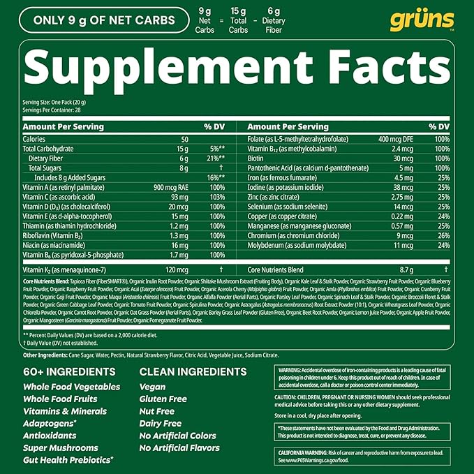 Gruns Adult Super Greens Multivitamin Gummies, Superfood Gummy Vitamins for Women and Men with Spirulina, Chlorella, Adaptogens & Prebiotic Fiber for Digestive Health (28 Count) (Pack of 2)