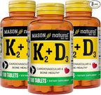 MASON NATURAL Vitamin K2 + D3, 300,Day Supply, with Calcium for Normal Bone and Muscle Support, 100 Tablets (Pack of 3)