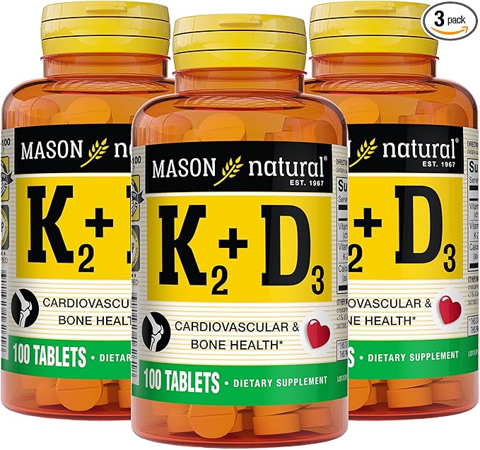 MASON NATURAL Vitamin K2 + D3, 300,Day Supply, with Calcium for Normal Bone and Muscle Support, 100 Tablets (Pack of 3)