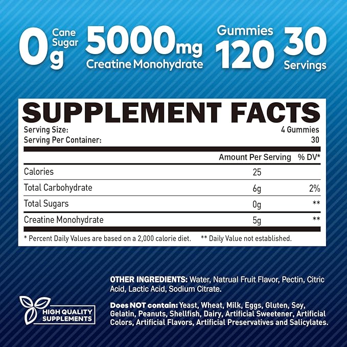 duwhot Creatine Monohydrate Gummies for Men, Creatine Monohydrate Chewables 5g Per Serving, Vegan, Sugar Free, Mixberry Flavor, 120 Count