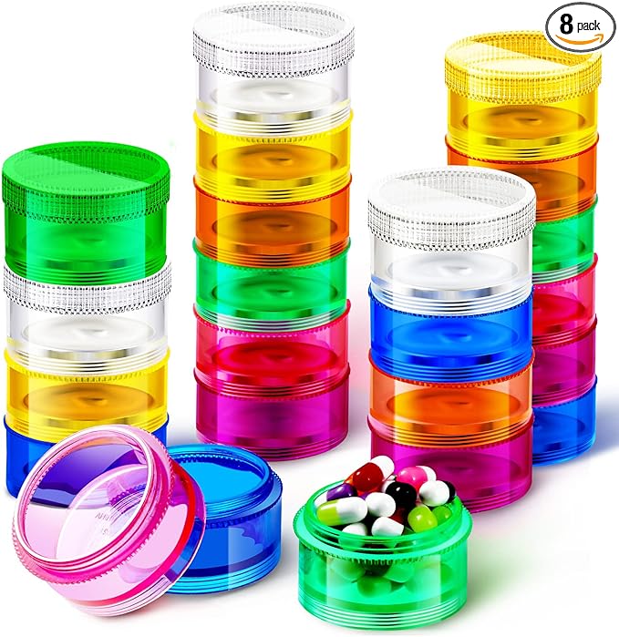 Sieral 8 Pieces 7 Days Stackable Pill Organizers 7 Compartments Round Pill Boxes Tower Weekly Vitamin Individual Storage Containers Travel Cases with Lids for Medications, Vitamins and Supplements