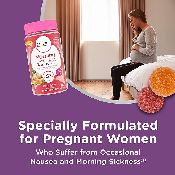 Centrum Morning Sickness Relief Gummies, Citrus Ginger Flavor - 60 Count, Up to 60 Day Supply