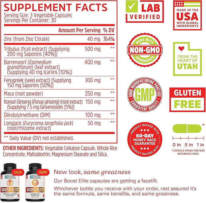 Zhou Boost Elite - Energy Supplement, Natural Muscle Support Pills for Men with Tribulus, Fenugreek, Zinc, Tribulus, Ginseng, and Maca, Gluten Free, Non-GMO - 90 Veggie Capsules