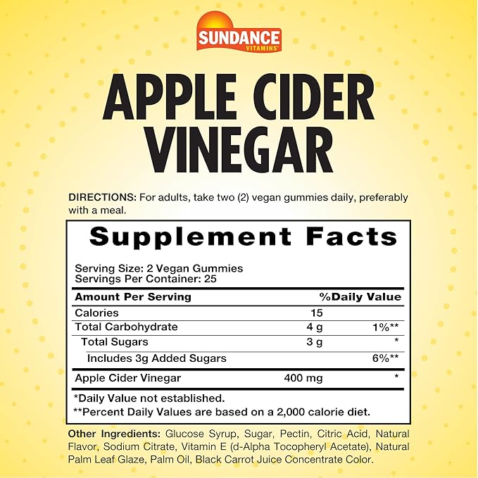 Sundance Apple Cider Vinegar Gummies | 50 Count | Apple Flavor | Vegan, Non-GMO, and Gluten Free Supplement