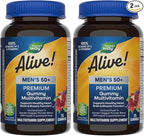 Nature's Way Alive! Men’s 50+ Premium Gummy Multivitamin, Supports Healthy Heart, Brain & Muscle Function*, B-Vitamins, Vegetarian, Grape, Orange and Cherry Flavored, 75 Gummies, (Pack of 2)