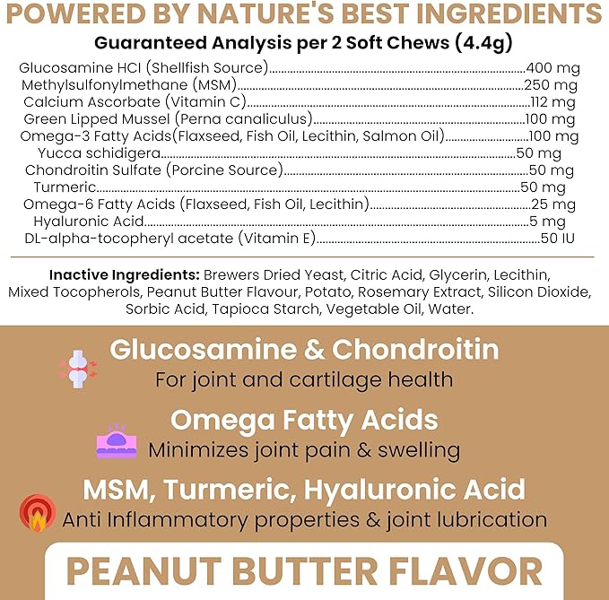 Glucosamine for Dogs Hip and Joint Supplement - 120 Soft Chews for Senior Dogs with Glucosamine, Chondroitin, MSM, and Omegas - For Mobility, Cartilage, and Joint Health - Peanut Butter Flavor