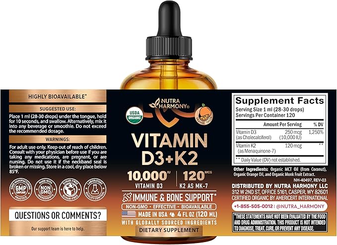 Vitamin D3 K2 USDA Organic Drops - Vitamin D3 10000 IU & K2 as MK-7 120mcg - Immune & Mood Support, Bone & Teeth Health - Sugar-Free Orange Flavor - Liquid Supplement - Made in USA - 4 FL OZ, 120 Days