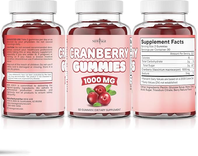 NEW AGE Cranberry Gummies Urinary Tract Health Gummies 1000mg - Supports Bladder, Kidney, UTI - Vegetarian (Cranberry 180 Gummies)
