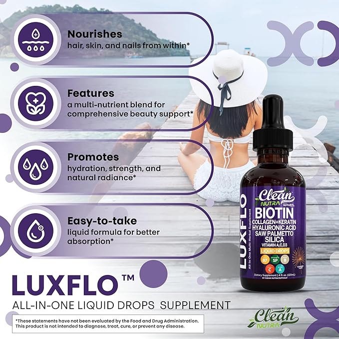 Biotin Liquid Drops Collagen Keratin Hyaluronic Acid Saw Palmetto for Hair Skin and Nails Silica Vitamin A C Vitamin D Bamboo Turmeric Zinc Folate Magnesium Horsetail LuxGlo By Clean Nutra - 2Pack