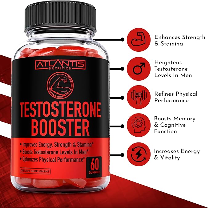 Atlantis Nutrition Testosterone Booster Gummies For Men - Enhances Strength & Stamina - Optimizes Performance & Male Enhancement - Tribulus, Goat Weed Extract, Maca Root Extract | 2-Pack (120 Gummies)