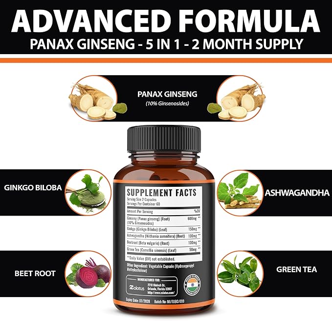 Zolotus Korean Red Panax Ginseng + Ginkgo Biloba, Ashwagandha, Beetroot, Green Tea - 120 Capsules for 2 Month Supply