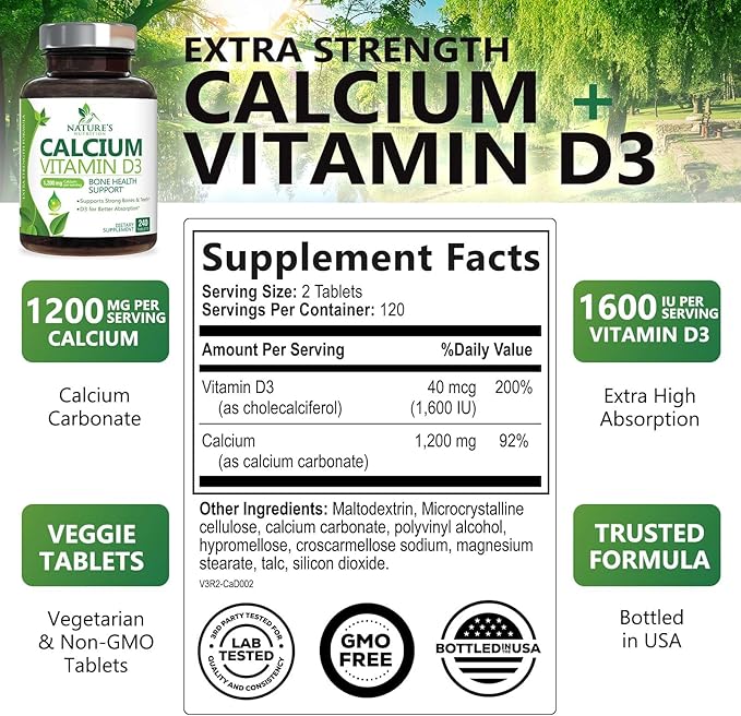 Calcium Supplement with Vitamin D3-1200 mg Calcium per Serving with D3 for Best Absorption - Supports Immune Health, Bones & Teeth - Nature's Calcium is Bottled in USA for Women & Men - 240 Tablets