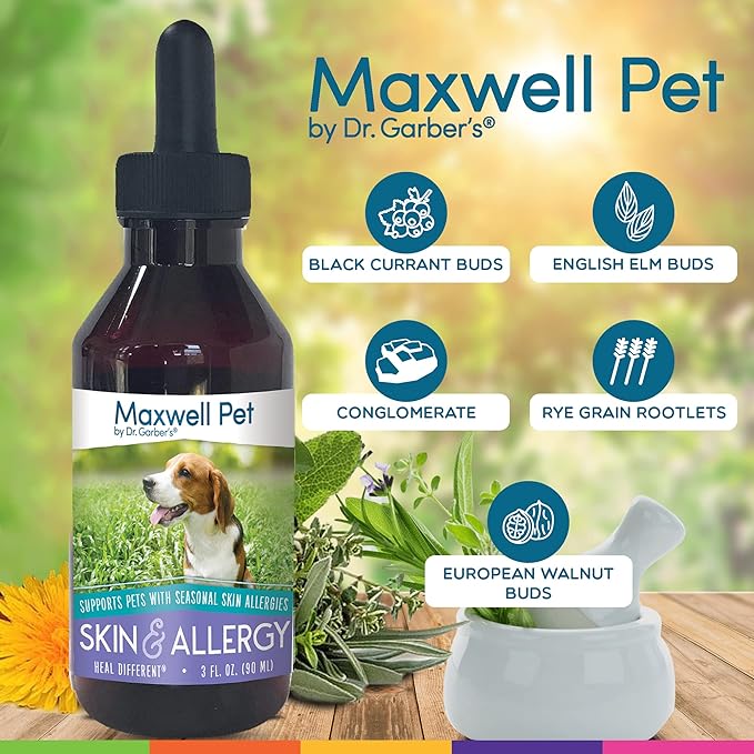 Maxwell Pet by Dr. Garber's - Skin & Allergy | Safe, All Natural, Gemmotherapy Supplement for Canine Use | Manage Symptoms of Skin Related Issues Due to Seasonal Allergies; Calming Effect | 3 fl oz