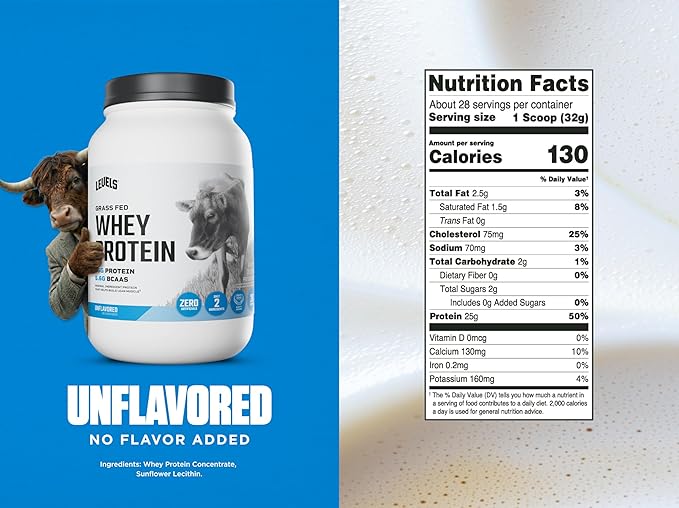 Levels Grass Fed Whey Protein Powder, No Artificials, 25G of Protein, Unflavored, 2LB