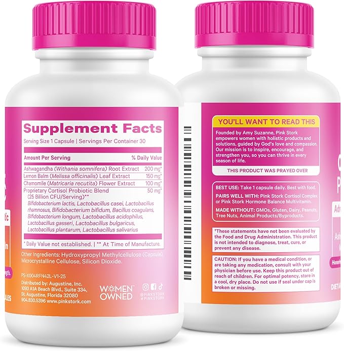 Pink Stork Cortisol Probiotic for Women – Mood and Adrenal Support Supplement – Ashwagandha, Lemon Balm, Chamomile, 25 Billion CFU – Gut Health, Energy, Focus – Lower Cortisol – 30 Capsules