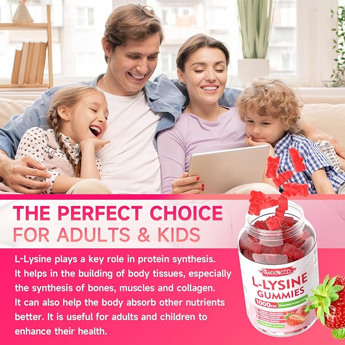 MEENCCD 2 Pack L-Lysine 1000mg Gummies, Lysine Supplement for Adults & Kids, Essential Amino Acid for Oral & Lips Health, Boost Immune & Calcium & Collagen, Sugar-Free, Strawberry Flavor, 120 Count
