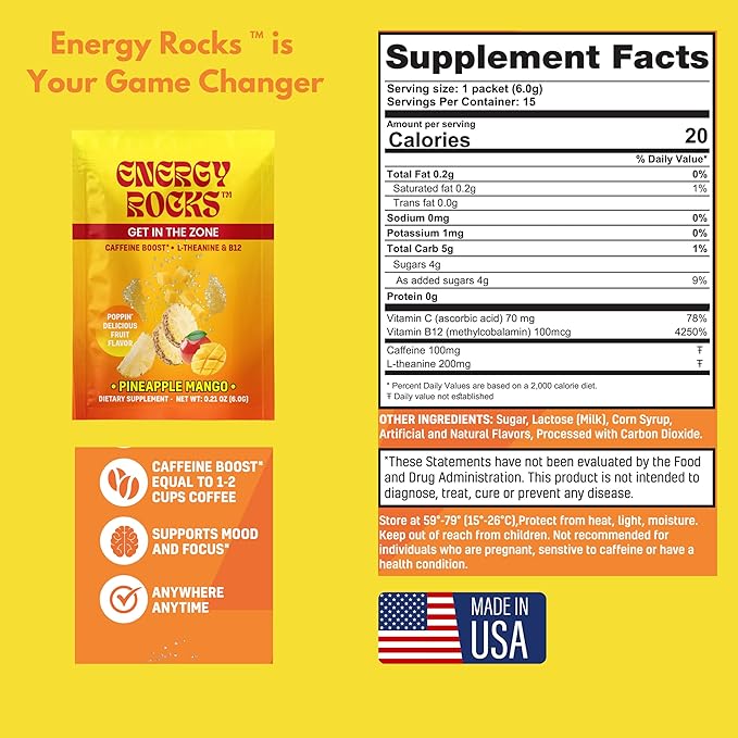 Caffeine Candy - Popping Energy Candy Crystals, 100mg Caffeine, L-Theanine & B12 - Fast Energy, No Drink Needed - Coffee Alternative 40-Pack Variety (Cherry Berry & Pineapple Mango)
