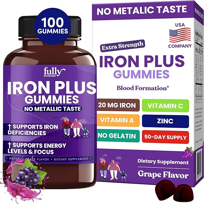 Iron Gummies Supplements for Women, Men and Kids – Health Blood & Energy Support for Iron Deficiency, Anemia, No After Taste- Fresh Grape Flavor- 100 Gummies (50 Days Supply)