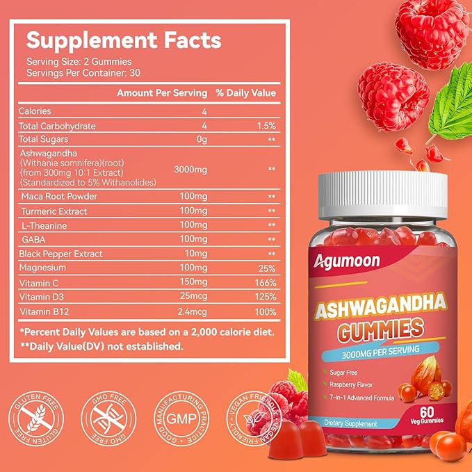 Ashwagandha Gummies 3000mg for Stress Relief, Calm & Relaxation Support with Magnesium & Vitamin D, Vegan, Gluten-Free, Natural Raspberry Flavor, 60 Count