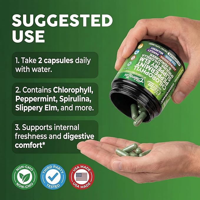 Clean Nutra Chlorophyll Capsules + Peppermint Slippery Elm Spirulina Chlorella Fenugreek Ashwagandha Sea Moss Supplement – Ph Balance for Women Detox Internal Deodorant Supplement + Prebiotics 60 Ct