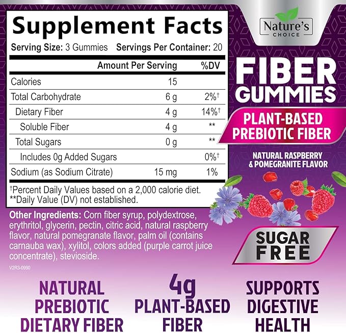 Fiber Gummies 4g Per Serving - Sugar Free Fiber Gummy Supplement for Adults, Daily Prebiotic Gummy Digestive Support - Plant Based Chews, Prebiotics Supports Regularity & Digestion - 60 Gummies