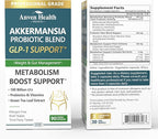 GLP-1 Supplement 100 Billion Akkermansia Probiotic & Prebiotic for Gut Health & Digestion, Metabolism & Energy Support with Vitamin B2 & D, Green Tea and Chromium - Non-GMO | 180 Capsules