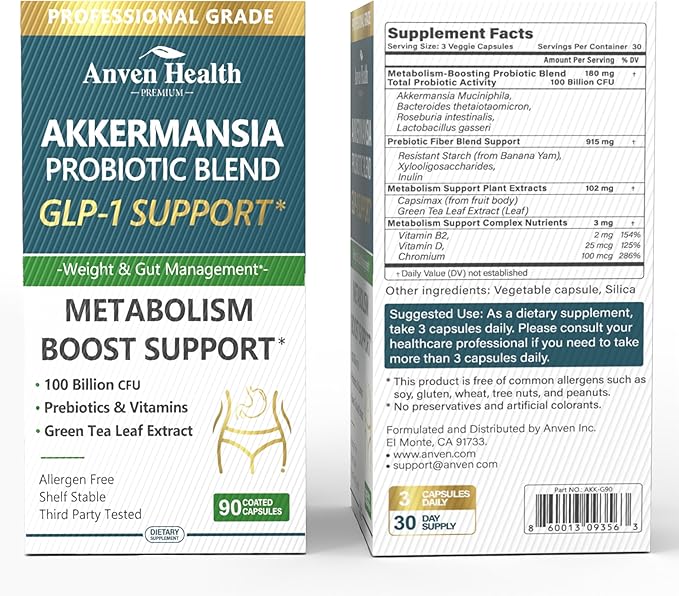 GLP-1 Supplement 100 Billion Akkermansia Probiotic & Prebiotic for Gut Health & Digestion, Metabolism & Energy Support with Vitamin B2 & D, Green Tea and Chromium - Non-GMO | 270 Capsules