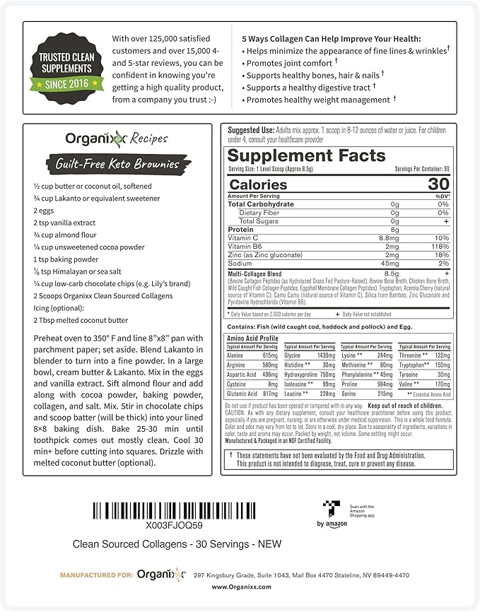 Organixx Clean Sourced Collagen Peptides Powder with Vitamin C, Types I, II, III, V, X Hydrolyzed Collagen, Hair, Nail, Skin, Bone & Joint Health, Aging Support, Gluten Free, Unflavored, 30 Servings