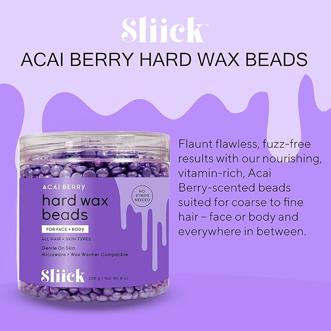 Sliick Hard Wax Beads for Sensitive Skin – Acai Berry, Stripless Waxing Beads for Face & Body Hair Removal, 8 oz