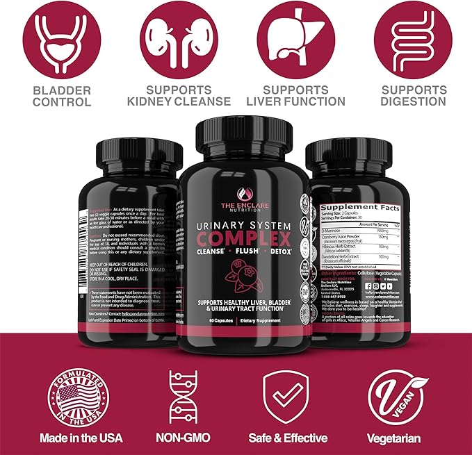 THE ENCLARE NUTRITION D Mannose with Cranberry Pills, Urinary Tract Health UTI Support, Kidney, Bladder, Liver Cleanse, Detox. D-mannose 1000mg Capsules, Cranberry Juice Powder, Dandelion & Hibiscus