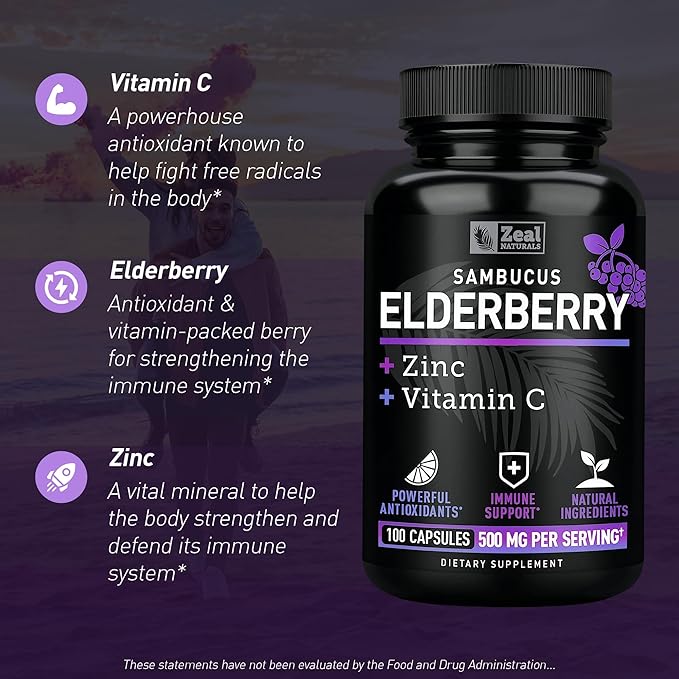 Zeal Naturals Max Strength Elderberry Capsules - 500mg, 100 Capsules | Sambucus Black Elderberry, Vitamin C, and Zinc | 3-in-1 Immune Support Supplement for Adults