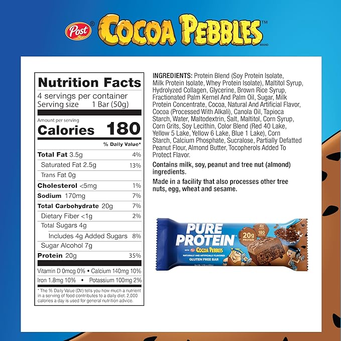 Pure Protein Cocoa PEBBLES™ Protein Bars – 20g Protein, 4g Sugar, 180 Calories (4 count) Low Sugar* High Protein Snack - Gluten Free - Perfect for a Healthy Snack.