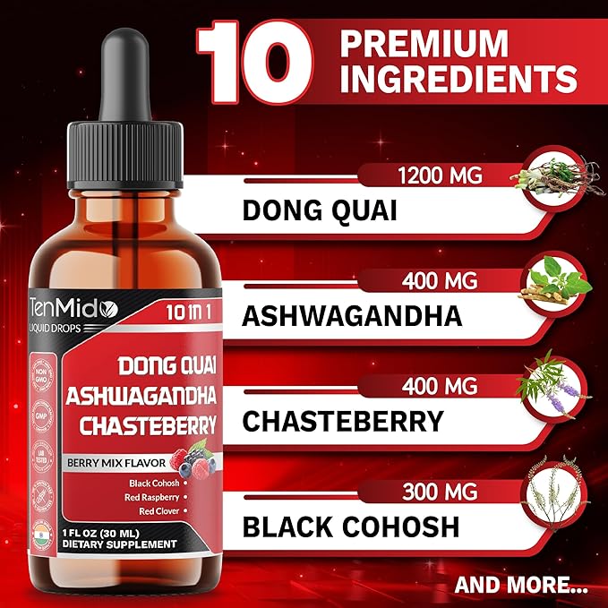 10in1 Liquid Dong Quai Supplement for Women with Ashwagandha, Chasteberry, Black Cohosh, Red Clover, Magnolia, Red Raspberry, Hops Flower, Lemon Balm, and Ginger - 30ml 1 Fl Oz
