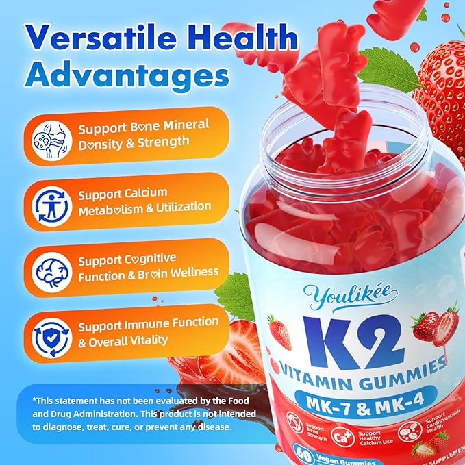 2 Pack Sugar-Free Vitamin K2 Gummies, Dual Formula Vitamin K2 Supplement with MK-7 & MK-4, Supports Bone Health, Gluten-Free, Non-GMO, Sugar-Free, Strawberry Flavor, 120 Gummies