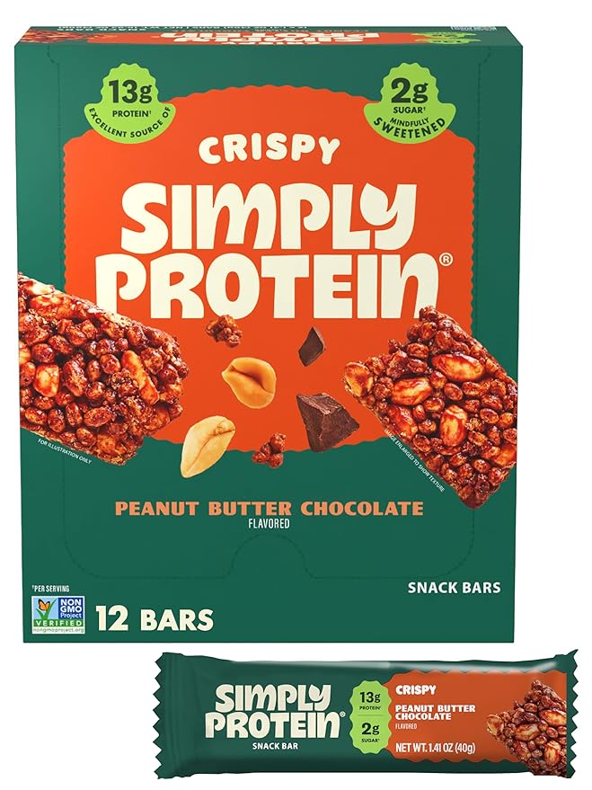 Simply Protein - Peanut Butter Chocolate Crispy Bars - Plant Based Protein Bars - Low Carb, Low Sugar, High Fiber - 13g Protein, 2g Sugar, 7g Fiber - Vegan, Gluten Free, Non GMO, Kosher - 12 Bars