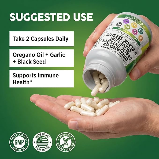 Clean Nutra Oregano Oil with Black Seed Oil Garlic Olive Leaf Extract - Oil of Oregano Capsules Immune Support Carvacrol & Thymoquinone Supplement for Women and Men + Elderberry Vitamin D3 & Zinc