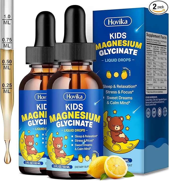 2 Pack Magnesium Glycinate Liquid for Kids - with L-Theanine Omega-3, Vitamin B6, D3, Zinc - Kids Magnesium Drops for Sleep, Relaxation, Calm & Focus - 2 Fl Oz, Lemon Flavor