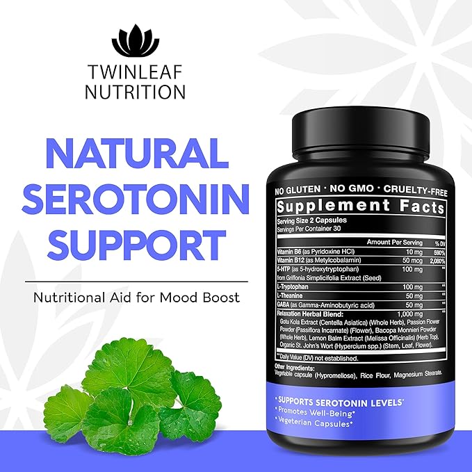 Natural Serotonin Supplement - Made in USA Manganese Serotonin & Cortisol Manager - Serotonin Booster Vitamin Supplement for Women with 5-HTP Vitamin B6 B12 GABA L Theanine L Tryptophan - 60 Capsules