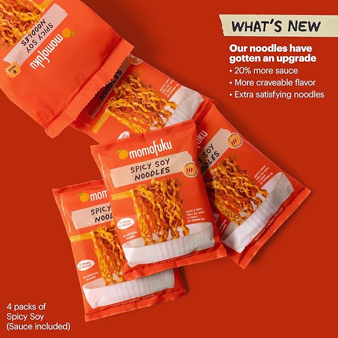 Momofuku Spicy Soy Ramen Noodles by David Chang, 4 Pack of Restaurant Quality Air-Dried Instant Noodles Now with More Sauce & 10g of Protein
