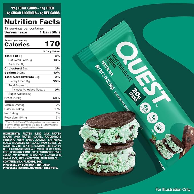 Quest Nutrition Mint Chocolate Chunk Protein Bars, 20g Protein, 1g Sugar, 4g Net Carb, High Fiber, Gluten Free, Keto Friendly, 12 Count