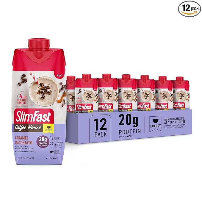 SlimFast Protein Shake with Caffeine, Caramel Macchiato- 20g Protein, Meal Replacement Shakes, High Protein with Low Carb and Low Sugar, 24 Vitamins and Minerals, 12 Count (Pack of 1)